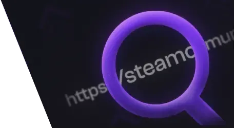 background image depicting a magnifying glass searching over steamcommunity.com